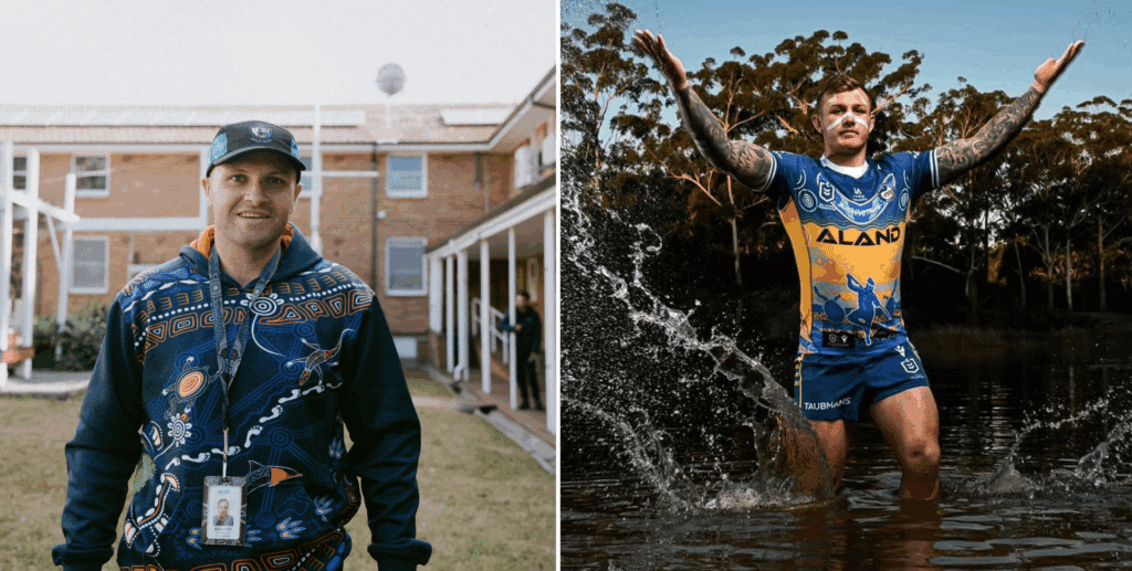 Two photos side-by-side; the first, a young man with a cap on and a hoodie with an Aboriginal print on it; the second, a young man with tattoos on his arm wears a football jersey with Aboriginal print on it