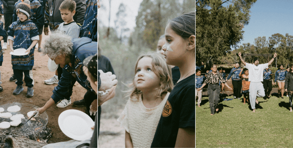 A triptych image; the first, of an older Aboriginal woman cooking dough over an open flame with two young boys watching with paper plates in hand; the second, a close-up of two young girls having clay paint applied to the bridge of their noses; third, a group of children being led in dance by two adults, lined up beside each other 